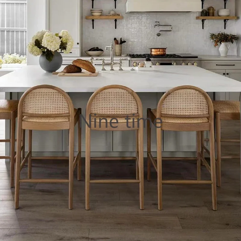 Home Bar Stools - Solid Wood Rattan Kitchen Bar Chair